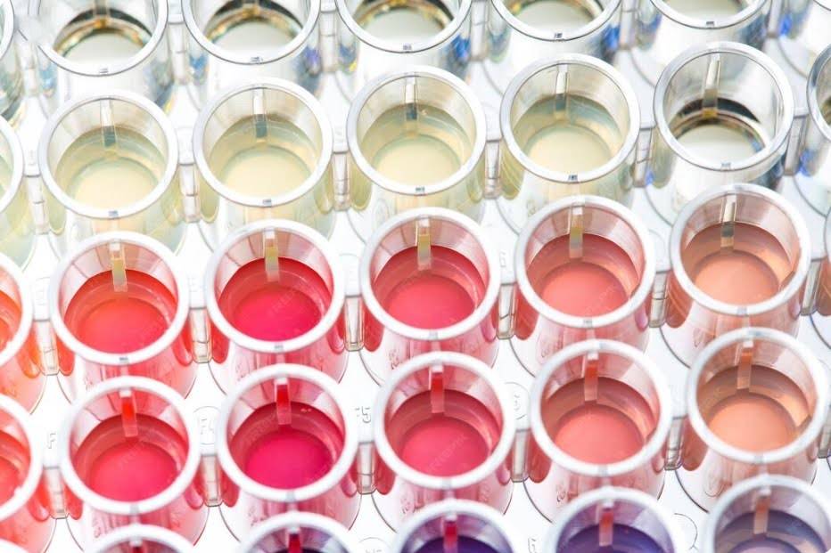 Image of a multi-well plate assay containing chemicals of different colours